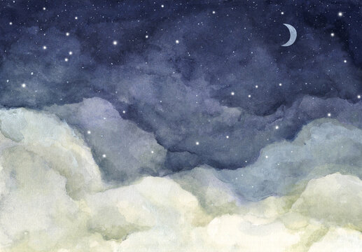 Watercolor painting of night sky with crescent moon and shining stars.