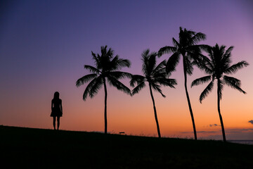 Girl by the seas at sunset, palm trees silhouette beautiful sky, Kakaako Waterfront Park, Honolulu, Oahu, Hawaii
