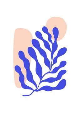 Matisse-inspired contemporary poster with blue algae branch and abstract geometric shapes isolated on white. Botanical minimalistic wall art for interior decoration. Colored flat vector illustration