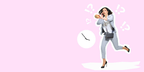 Businesswoman running, late for work. Collage in magazine style with bright pink background. Flyer...