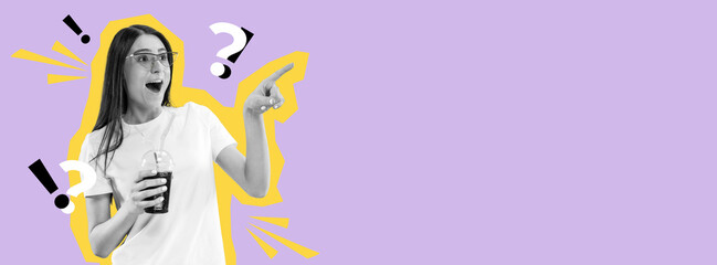 Beautiful woman pointing astonished, drinking. Collage in magazine style with bright purple background. Flyer with trendy colors, copyspace for ad. Discount, sales season, fashion and style concept.