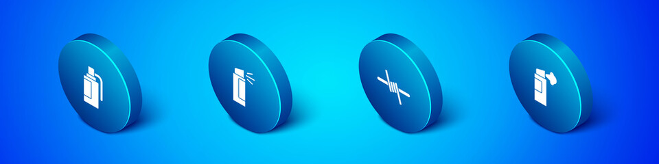 Set Isometric Hand grenade, Barbed wire, Pepper spray and icon. Vector.