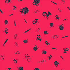 Set Handcuffs, Gas mask, Police rubber baton and Protest on seamless pattern. Vector.