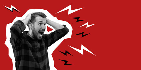Young man madly shocked, wondered holding head. Collage in magazine style with bright red...