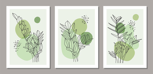 Set of minimalist botanical line art composition with leaves abstract collage