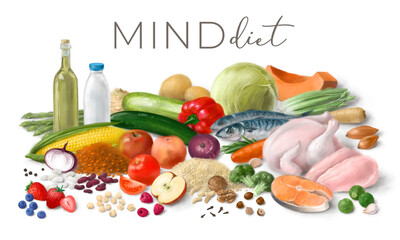 Nutrition concept for MIND diet. Assortment of healthy food ingredients for cooking. Hand drawn illustration. - 419807466