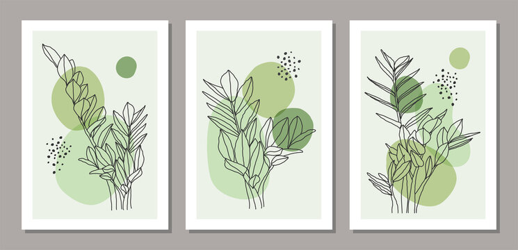 Set Of Minimalist Botanical Line Art Composition With Leaves Abstract Collage