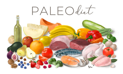 Nutrition concept for Paleo diet. Assortment of healthy food ingredients for cooking. Hand drawn illustration.