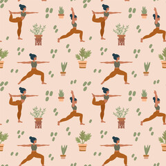 Yoga background.Girls do Pilates and meditation. Pattern with people in different poses. Outdoor workout pattern for textiles. Vector illustration