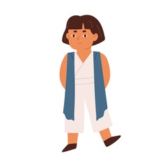 Cute little girl isolated on white background. Adorable Asian kid from school or kindergarten. Colored flat vector illustration of happy smiling preschooler or schoolgirl