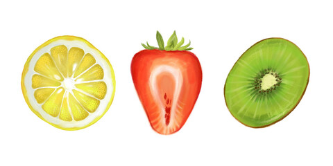 Summer fruit set with lemon, strawberry and kiwi on a white background. Textured fruit illustration for print, textile, paper