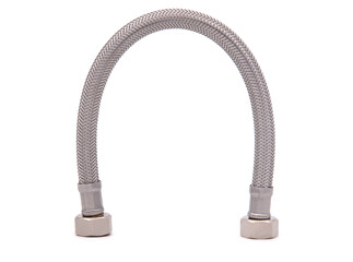 Stainless steel braided hose connector isolated on white
