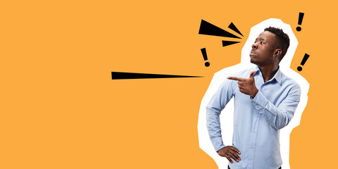 African man arrogantly pointing at side. Collage in magazine style with bright orange background. Flyer with trendy colors, copyspace for ad. Discount, sales season, fashion and style concept.