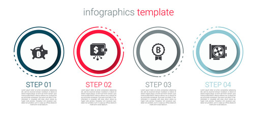 Set Piggy bank bitcoin, Cryptocurrency wallet, Bitcoin and Video graphic card. Business infographic template. Vector.