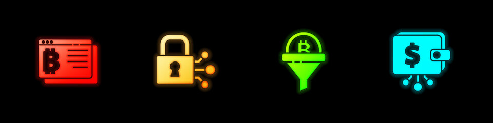 Set Bitcoin in browser, Lock with bitcoin, Sales funnel and Cryptocurrency wallet icon. Vector.