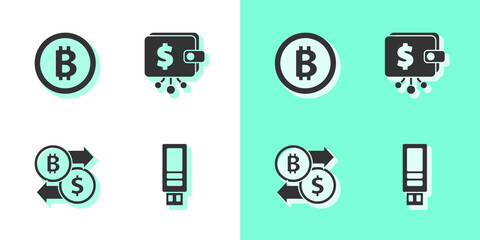Set USB flash drive, Bitcoin, Cryptocurrency exchange and wallet icon. Vector.