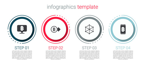 Set Bitcoin, , Blockchain technology and Mining bitcoin from mobile. Business infographic template. Vector.