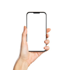 Woman hand holding smart phone on white background