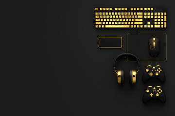 Top view of gamer workspace and gear like mouse, keyboard, joystick, headset © Vasyl Onyskiv