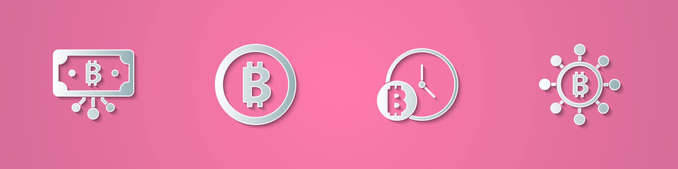 Set paper cut Bitcoin with circuit, , clock and Blockchain technology icon. Paper art style. Vector.