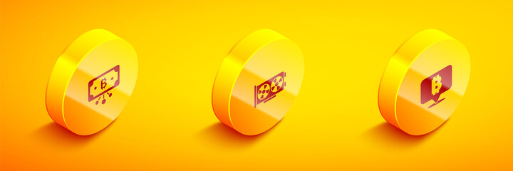 Set Isometric Bitcoin with circuit, Video graphic card and icon. Vector.