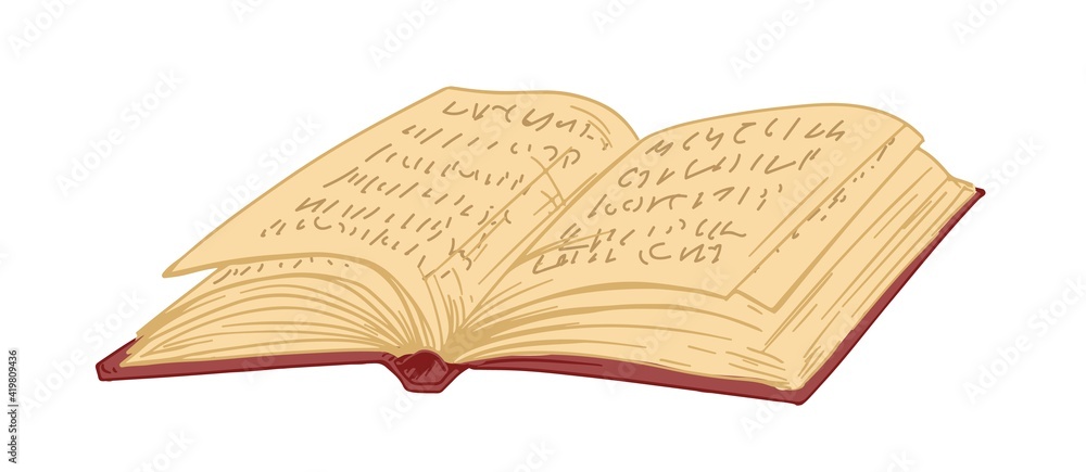 Poster ancient open book in hardcover with old pages. antique thick textbook or notebook with notes. hand-d