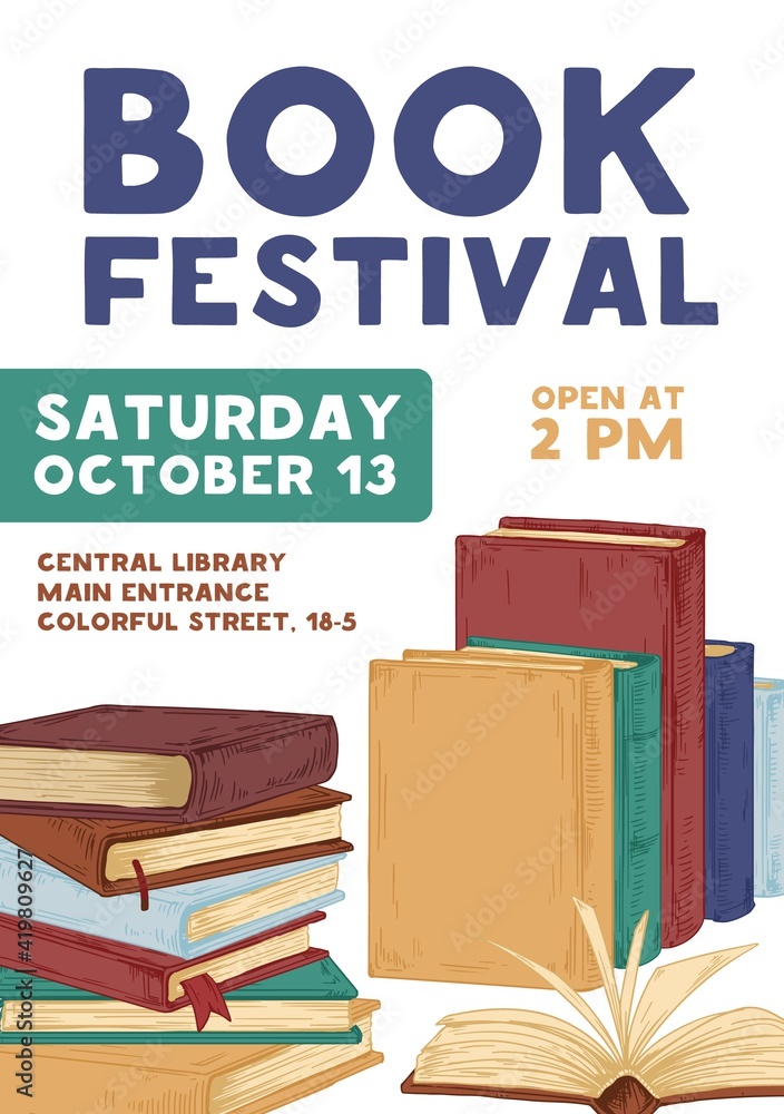 Aufkleber design of vertical poster with announcement about book-reading festival and education event. colored