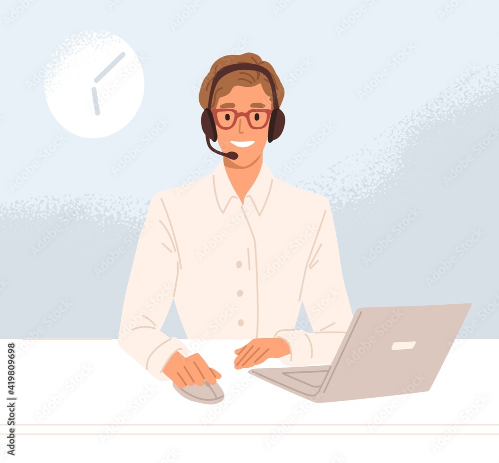 Aufkleber Operator of call center in headset working at workplace and consulting customers online. Smiling worker of hotline service. Colored flat vector illustration of agent in technical support department