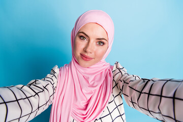 Self-portrait of pretty cute cheery muslimah girl wearing fashionable clothing look outfit isolated...