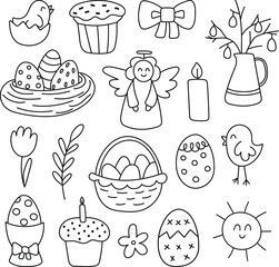 Easter doodle set, linear vector illustration. hand drawn style symbols and objects eggs, cake, candle, chicken, spring. simple, black drawing for sticker, decor, postcard, icon, coloring page, logo, 