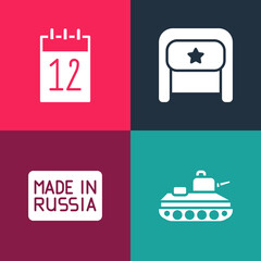 Set pop art Military tank, Made in Russia, Ushanka and Calendar 12 june icon. Vector.