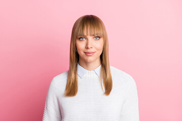 Fototapeta premium Portrait of young happy positive charming cheerful lovely woman wear white sweater isolated on pink color background