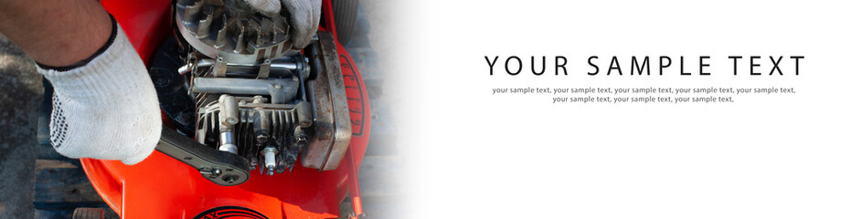Repairing Lawn Mower Engine - banner, copy space.