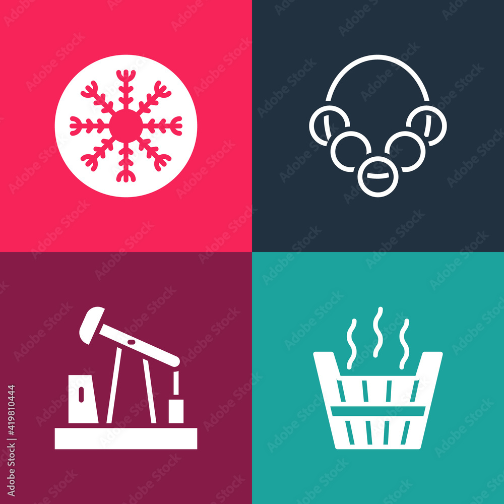 Canvas Prints Set pop art Sauna bucket, Oil pump or pump jack, Russian bagels and Snowflake icon. Vector.