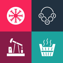 Set pop art Sauna bucket, Oil pump or pump jack, Russian bagels and Snowflake icon. Vector.