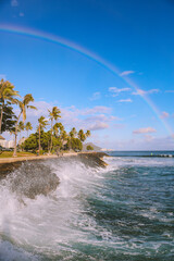 Rainbow at Kakaako Waterfront Park, Honolulu, Oahu, Hawaii. waves hitting rocks. plam trees - 419811057