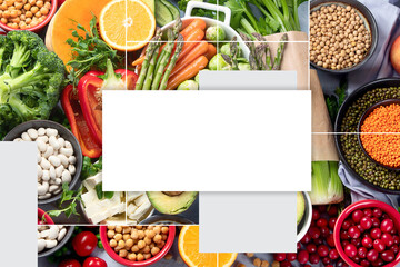 Collage of raw healthy food for vegans. Vegetable albumen sources.