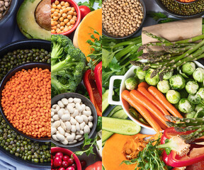 Collage of raw healthy food for vegans. Vegetable albumen sources.