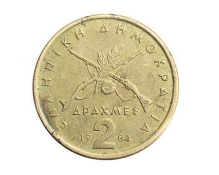 Greece two drachmas coin on white isolated background