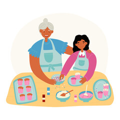 Family pastime. Granddaughter helps her granny with cupcakes baking and decorating with icing and topping sprinkles