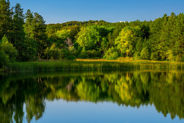Fototapeta na wymiar Mountain lake, panoramic view, 4k