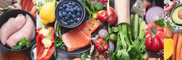 Collage of healthy food selection on gray background. Detox and clean diet concept.