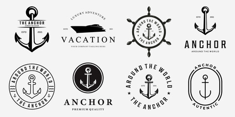 Set Bundle of Anchor Ship Yacht Luxury Badge Vector Logo, Illustration Vintage Design of Water Transportation Concept - obrazy, fototapety, plakaty