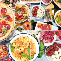 Collage of traditional Italian foods with pizza, pasta, olives, vegetables.