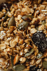 Top view close up photo image on abstract cereal grain pattern, granola texture as background, overlay for artwork. Healthy food concept