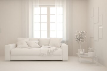White minimalist living room with sofa. Scandinavian interior design. 3D illustration