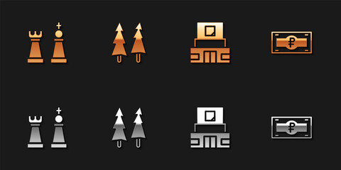 Set Chess, Christmas tree, Mausoleum of Lenin and Russian ruble banknote icon. Vector.
