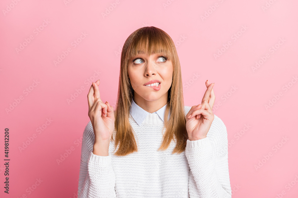 Poster portrait of young beautiful scared frightened woman look copyspace worrying about exam isolated on p