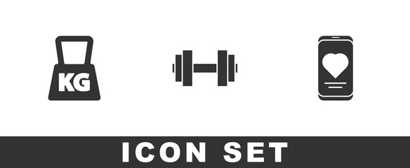 Set Weight, Dumbbell and Mobile with heart rate icon. Vector.