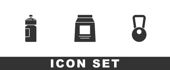 Set Fitness shaker, Sports nutrition and Kettlebell icon. Vector.